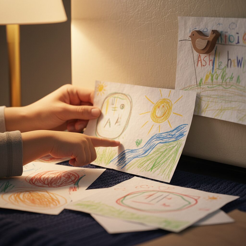 Parent and child collaborating on fridge artwork—modeling co-creation in data ownership