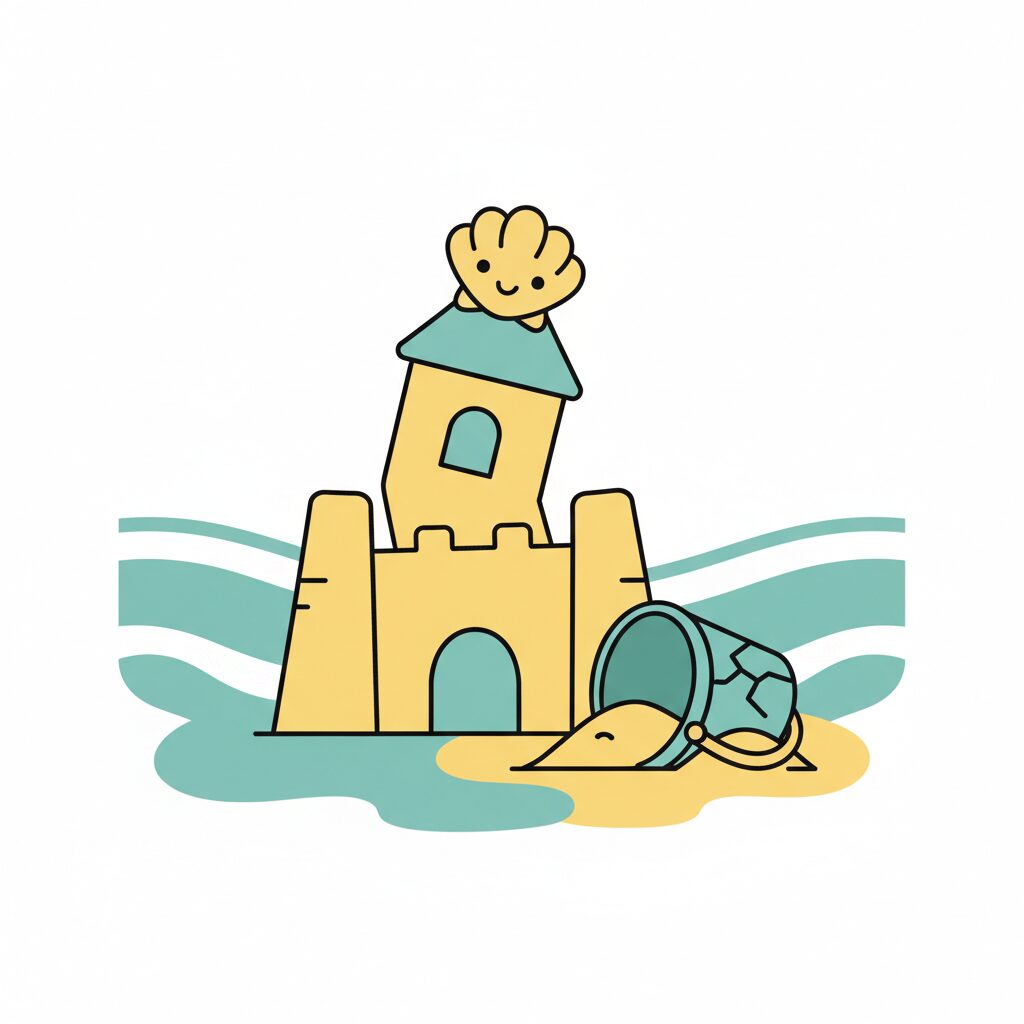 모래사장에서 즐겁게 모래성을 쌓으며 노는 아이