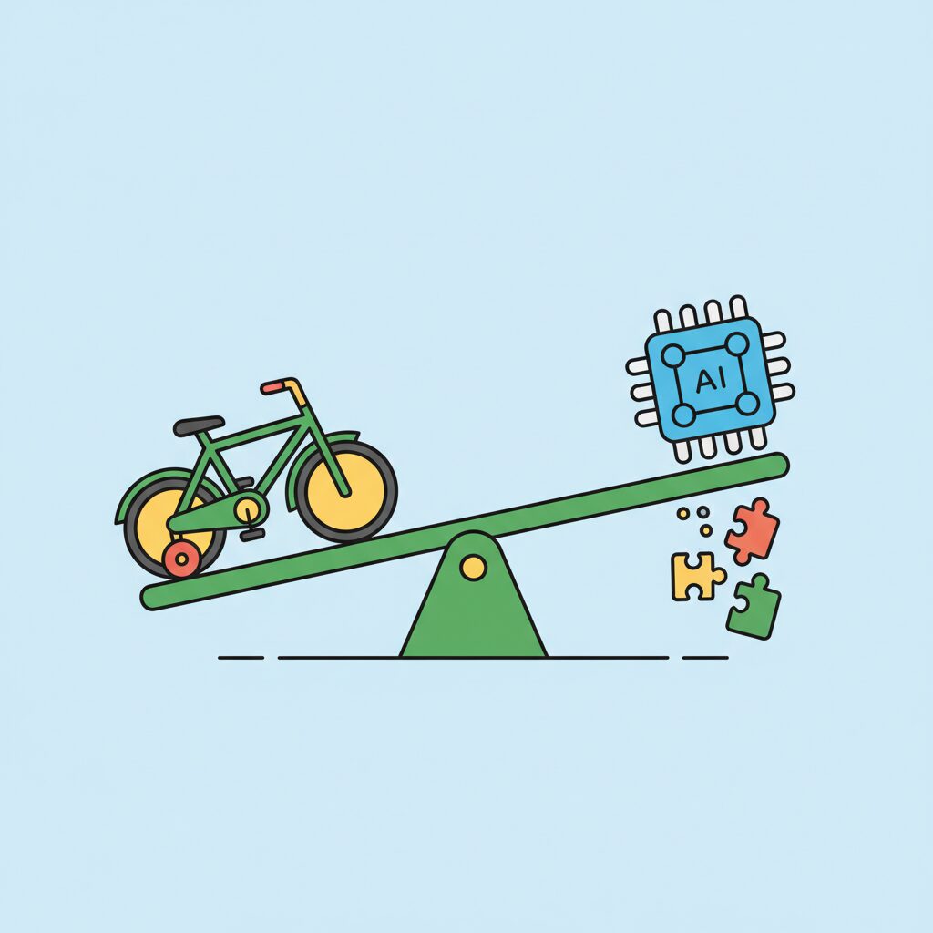 seorang anak sedang belajar sepeda dengan bantuan orang tua