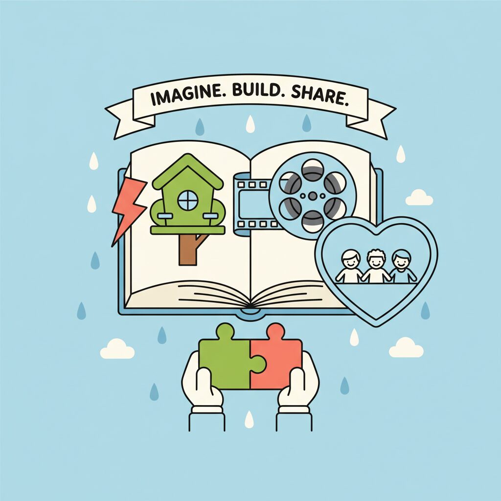 Family laughing while storyboarding video ideas