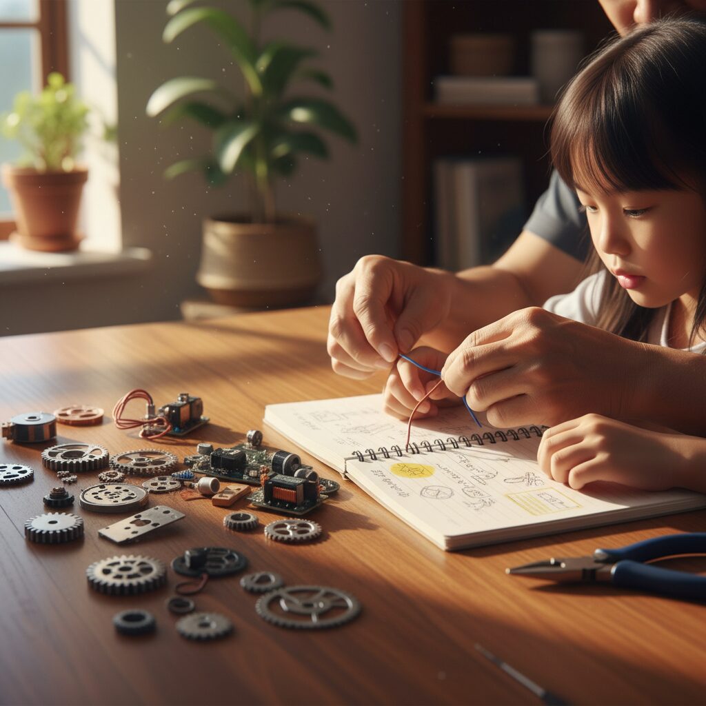 Child laughing while a robot craft falls apart during play