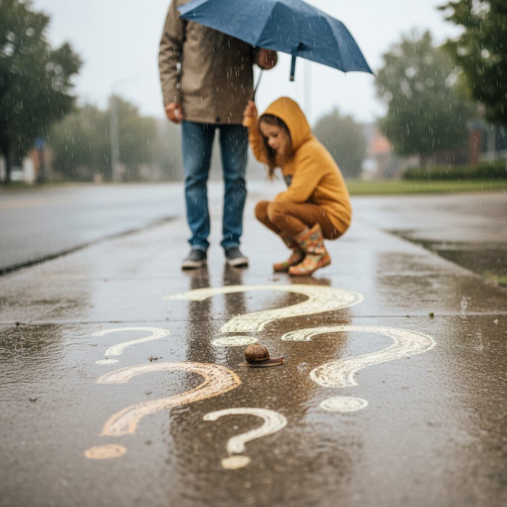 Child examining a snail on a rainy day walk, curious expression