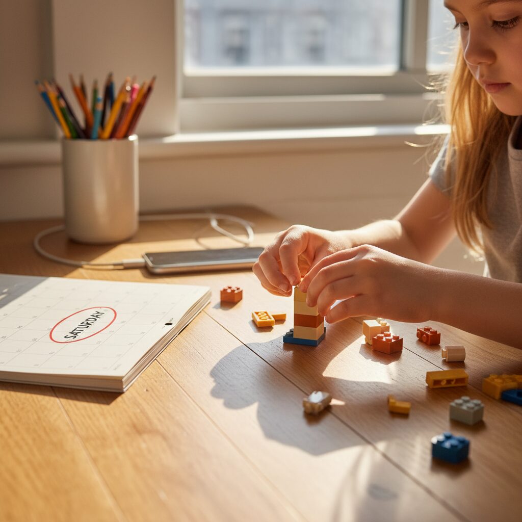 Child building a colorful LEGO tower with focused determination