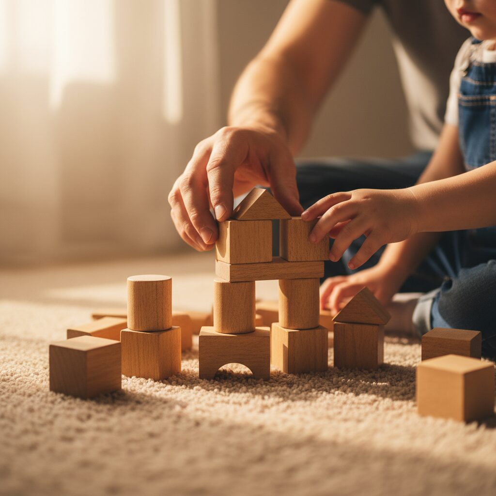 Niños construyendo con bloques tradicionales y digitales
