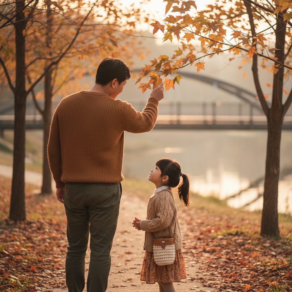 母女散步时低头捡落叶