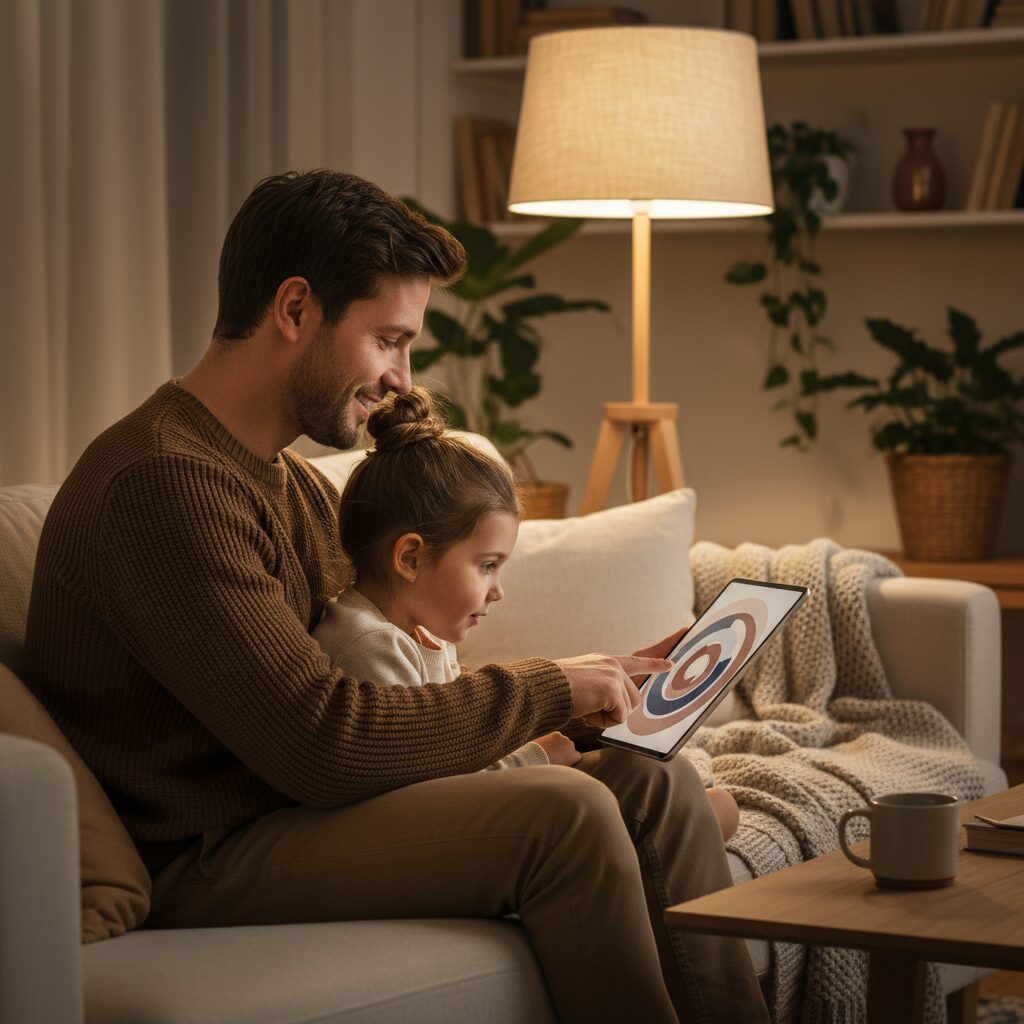 父亲女儿用平板查找萤火虫发音