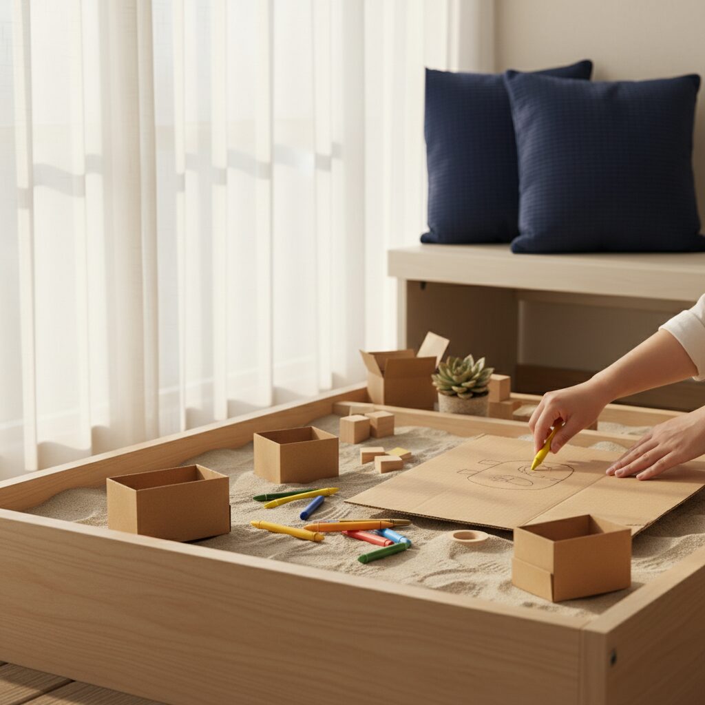 Enfant construisant une tour en carton coloré