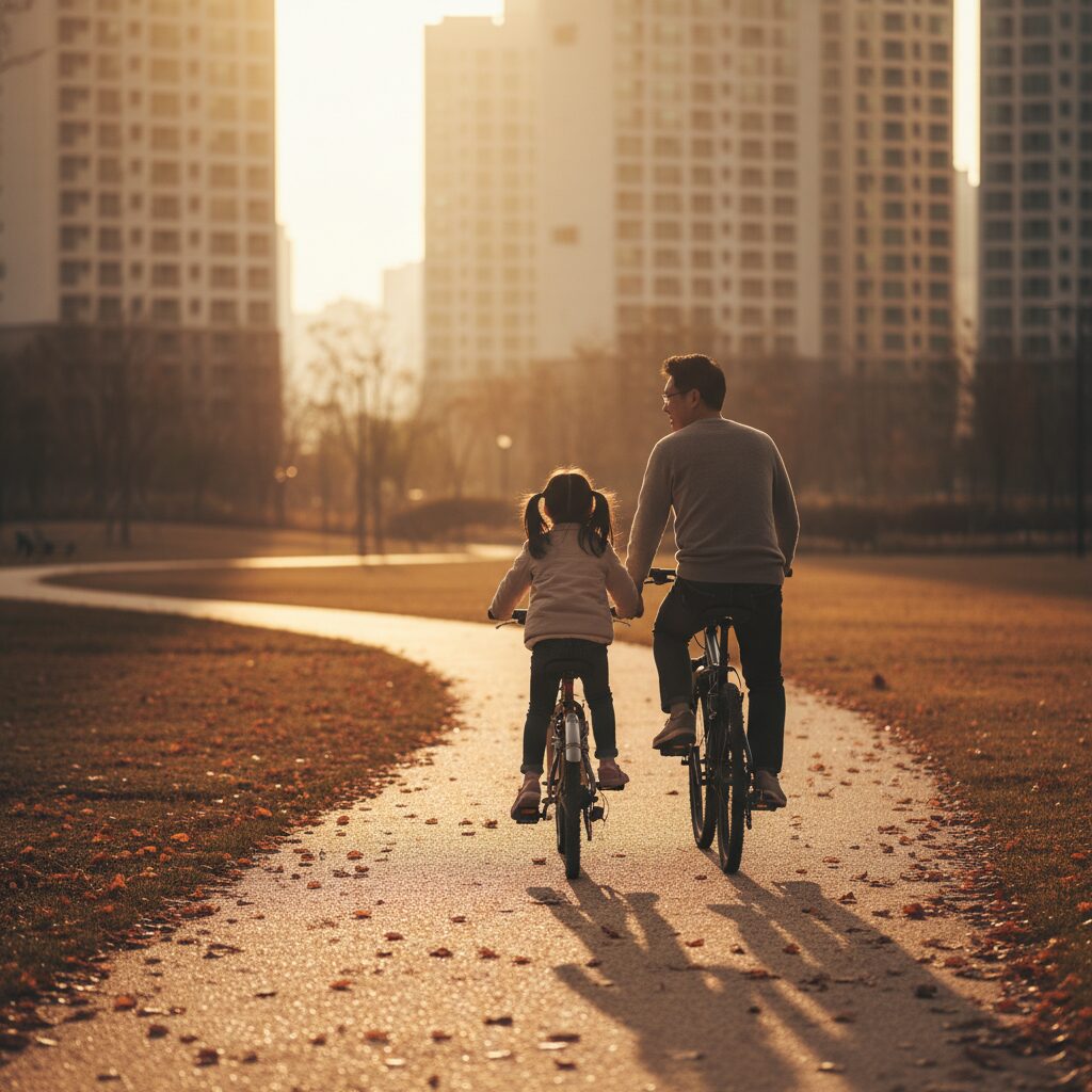 Famile souriante faisant du vélo dans un parc