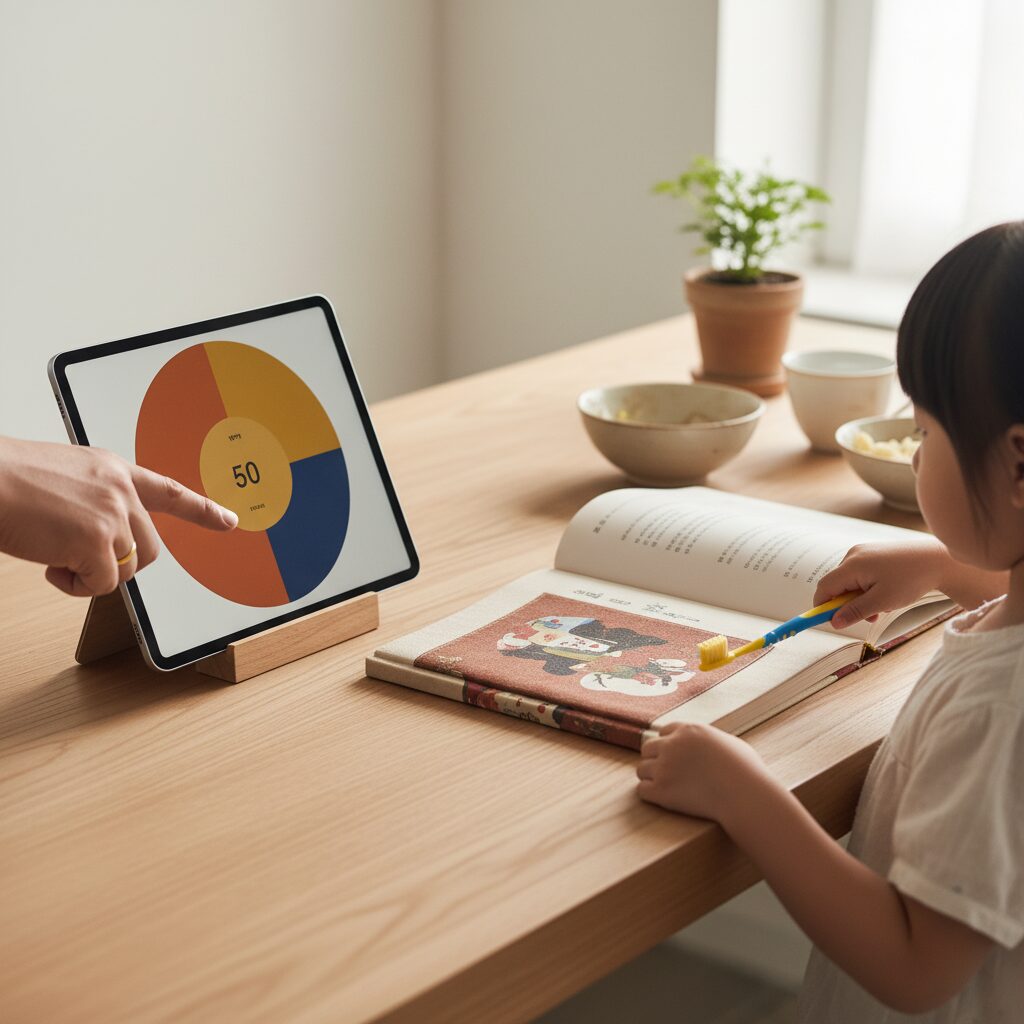 Parent et enfant cuisinant avec une tablette en support