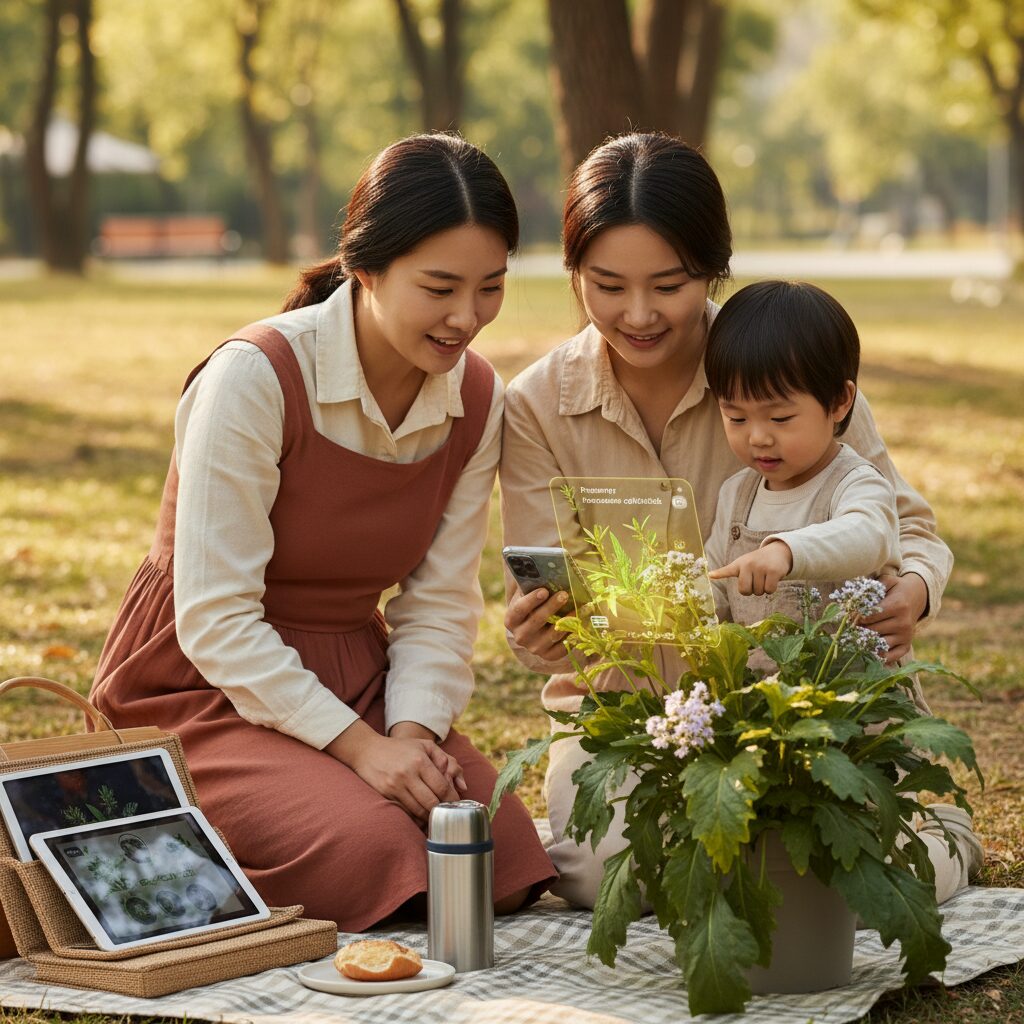 عائلة تستكشف الطبيعة مع جهاز لوحي