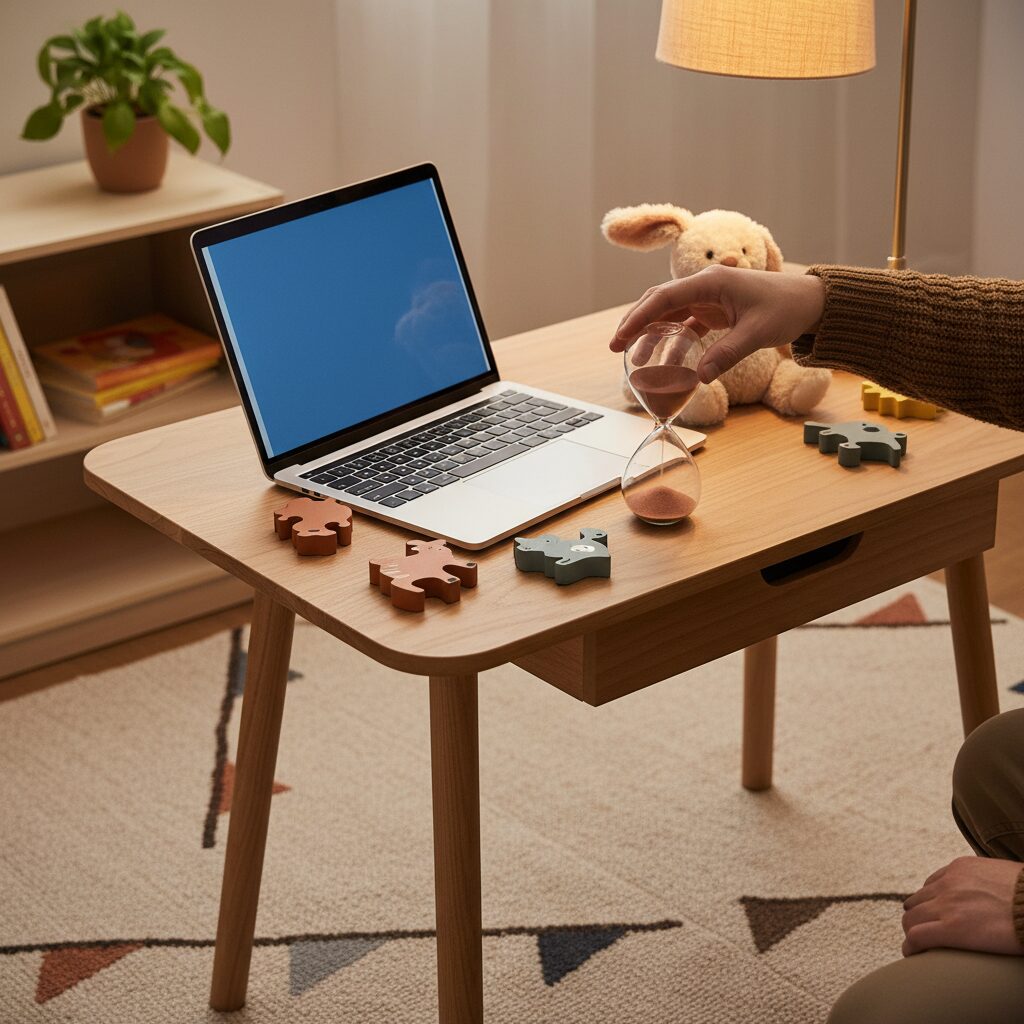 orang tua dan anak berdiskusi di depan laptop