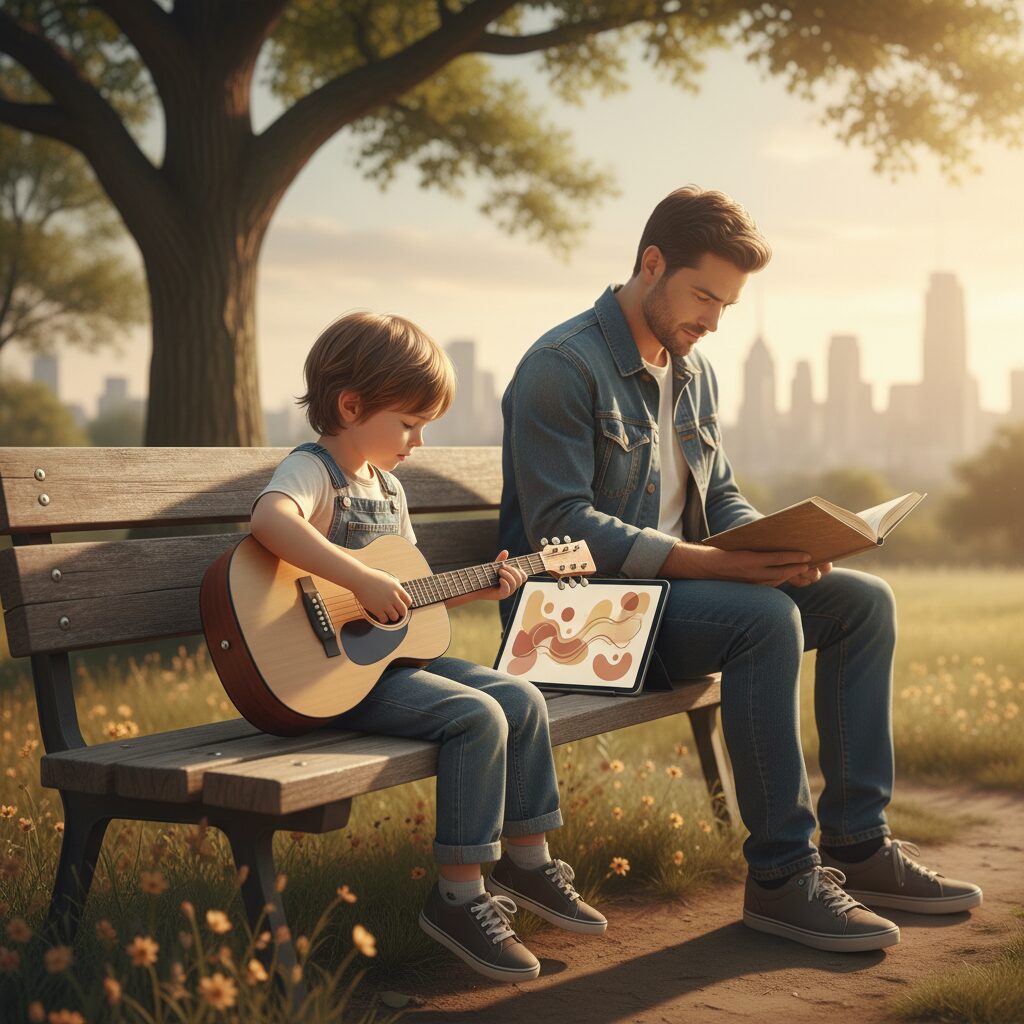 keluarga bermain musik di ruang tengah