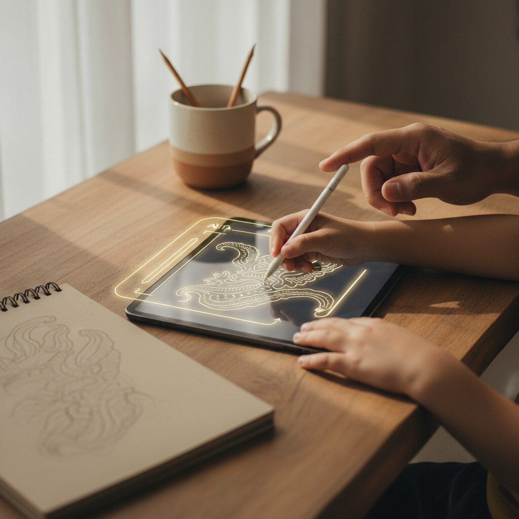 anak menggambar digital dengan bantuan aplikasi AI