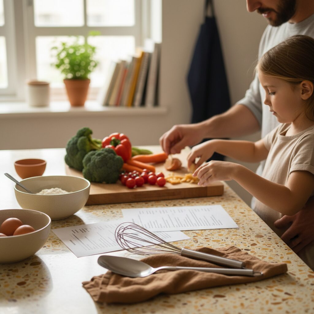 anak tersenyum memegang hasil karya masak bersama AI