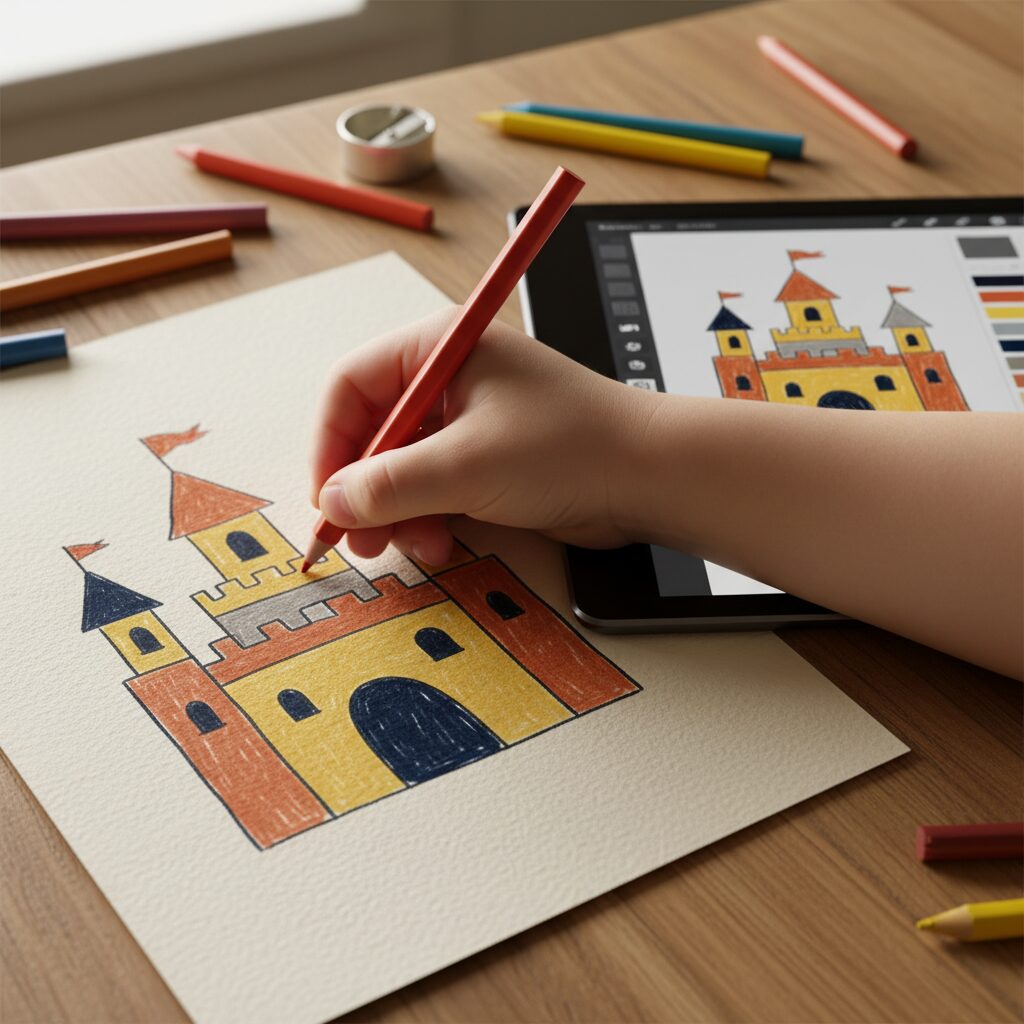 ソファでタブレットを見ながら相談する親子