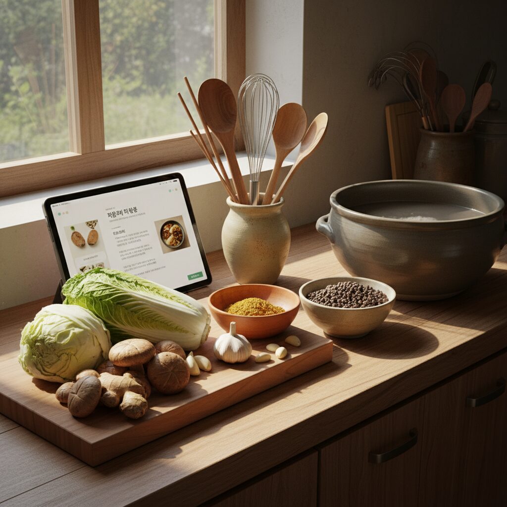 キッチンでタブレットを見ながら話し合う家族