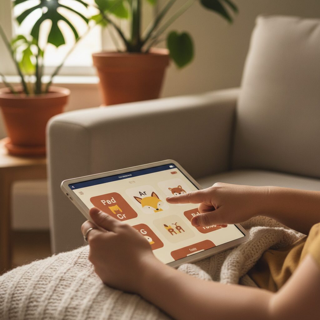 リビングでジェスチャーゲームを楽しむ親子