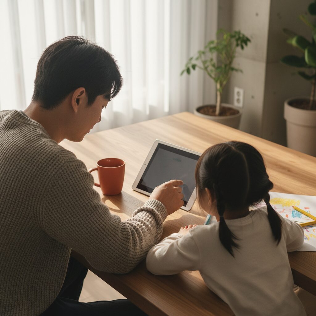 familia colaborando en actividad digital integrada