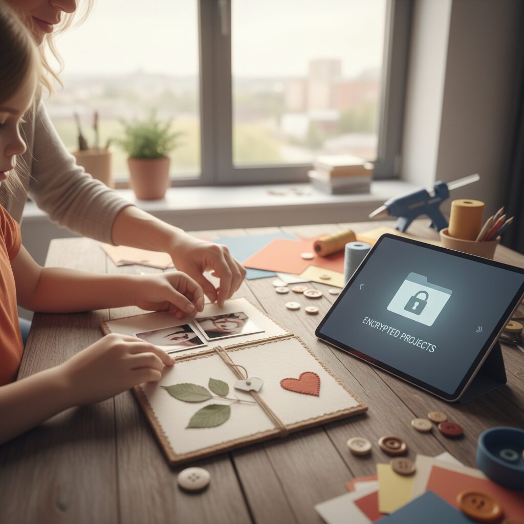 Enfant créant un album photo numérique avec un adulte