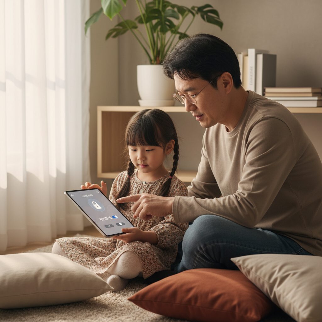 Parent et enfant discutant d'IA devant un ordinateur portable