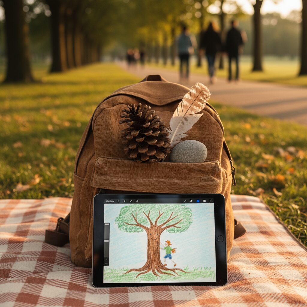 Enfant lors d'une chasse au trésor éducative sur tablette