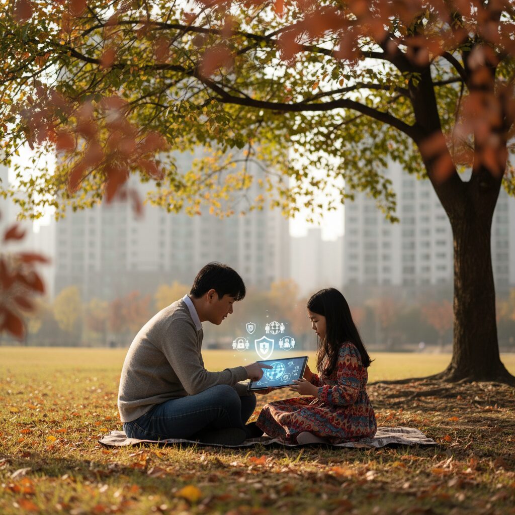 Ilustrasi keluarga bahagia beraktivitas di ruang digital dengan latar AI