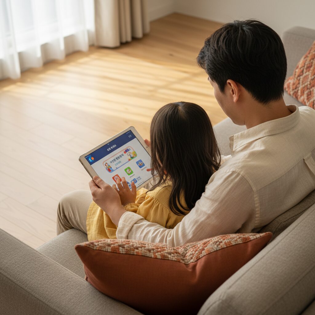 Pai e filha pintando juntos em mesa de madeira, mostrando concentração e diversão