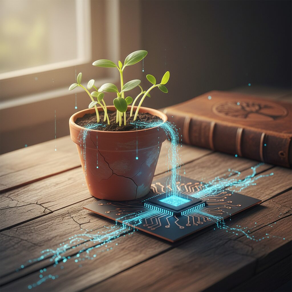 A parent and child looking at a screen, applying thoughtful AI safety rules at home.