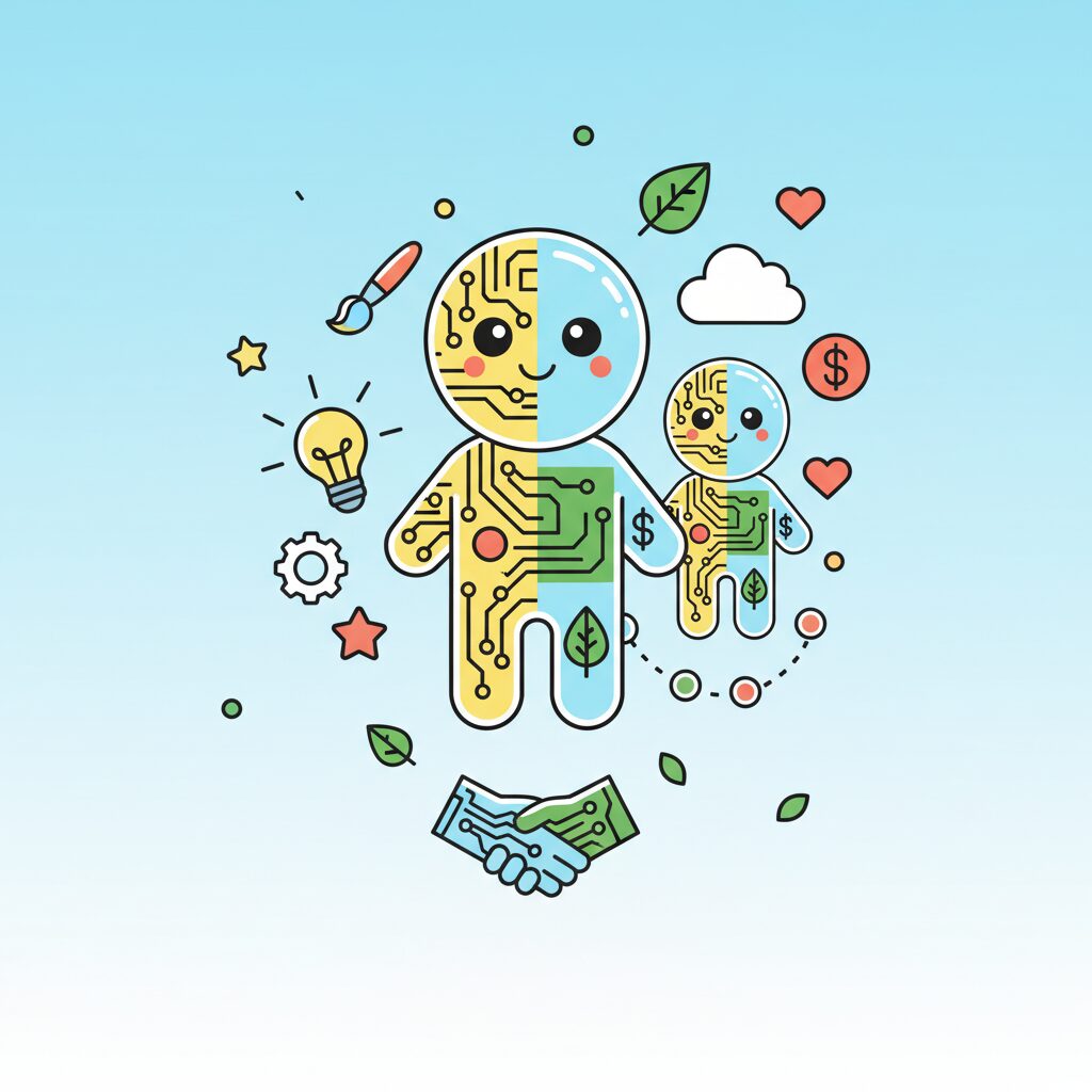 未来の技術と親子の絆を示すきたけおりイメージ