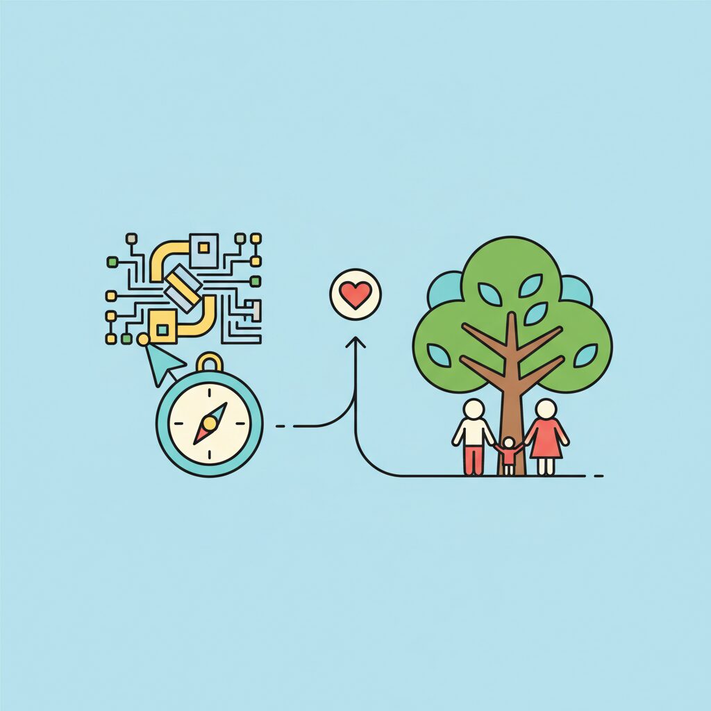 Padre e hija caminando por un parque mientras discuten tecnología