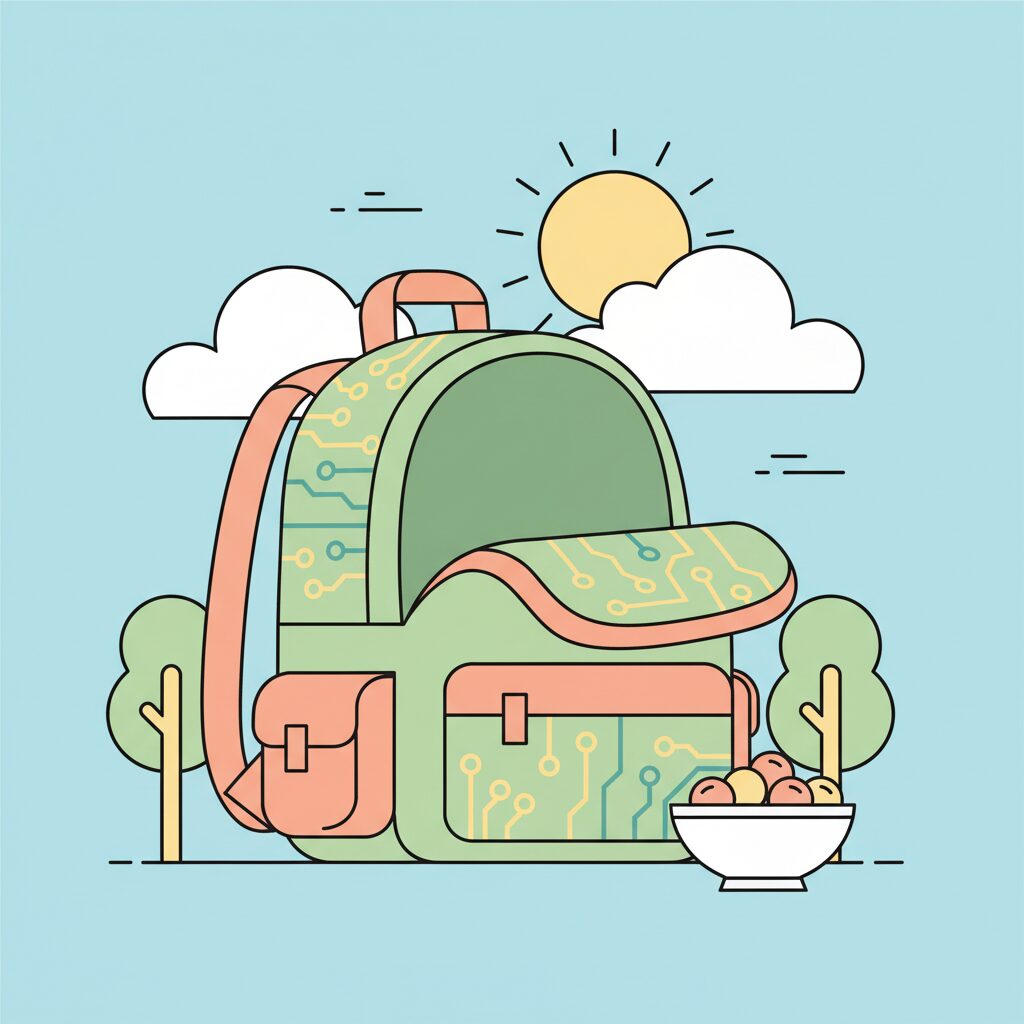 Child skipping home from school with backpack at sunset