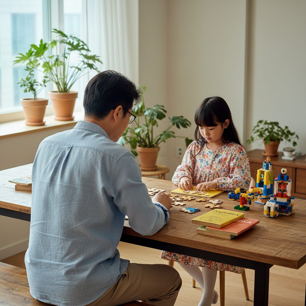Father and daughter brainstorming wild career ideas with AI diagrams, giggles included!