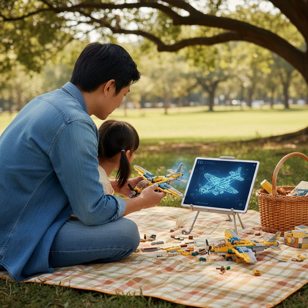 Family building scavenger hunt clues with tablet brainstorming hybrid ideas