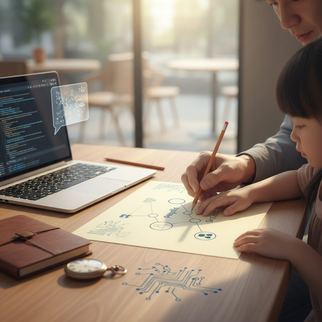 Graph showing declining tech jobs with dad and child analyzing trends together