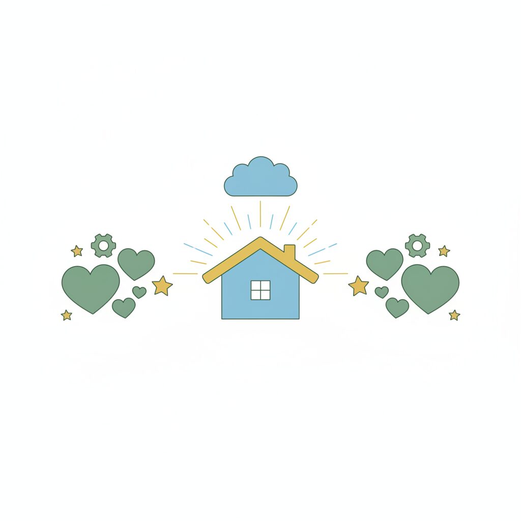 親子で未来を指さすイメージ 虹色の背景