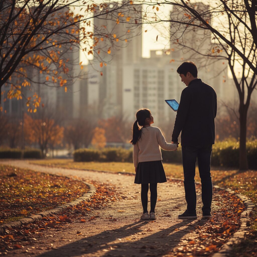 Famille souriante discutant autour d un ordinateur portable