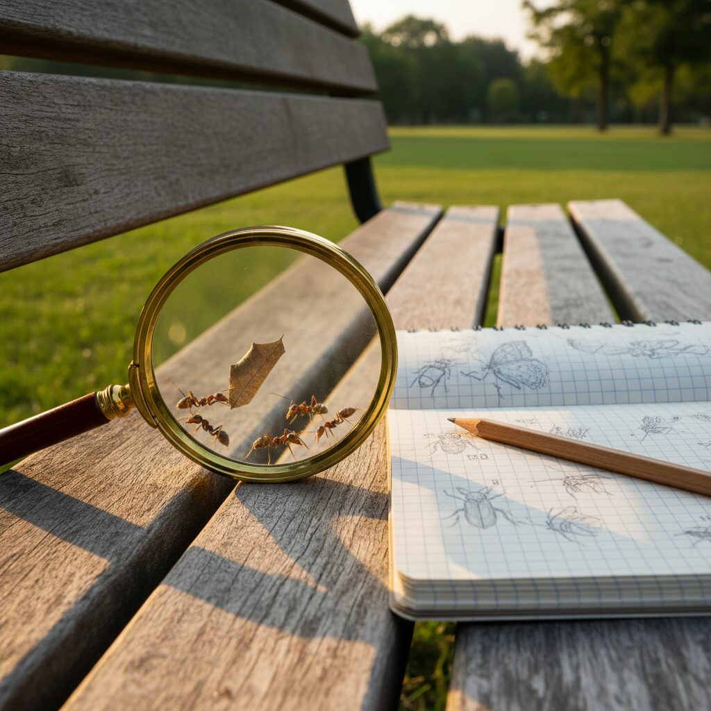 Enfant observant des fourmis au parc avec curiosité