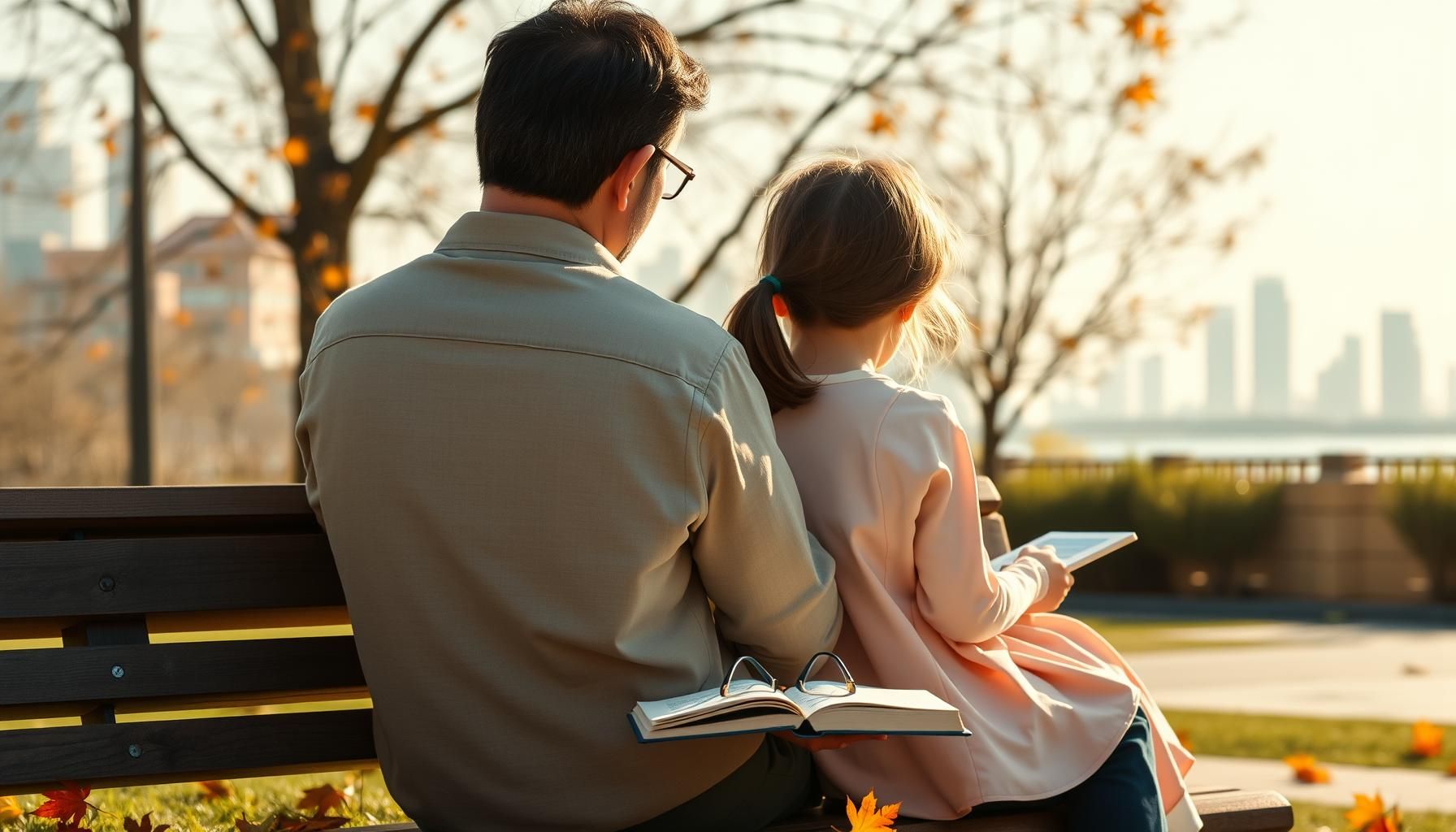 公園で虫を観察する親子