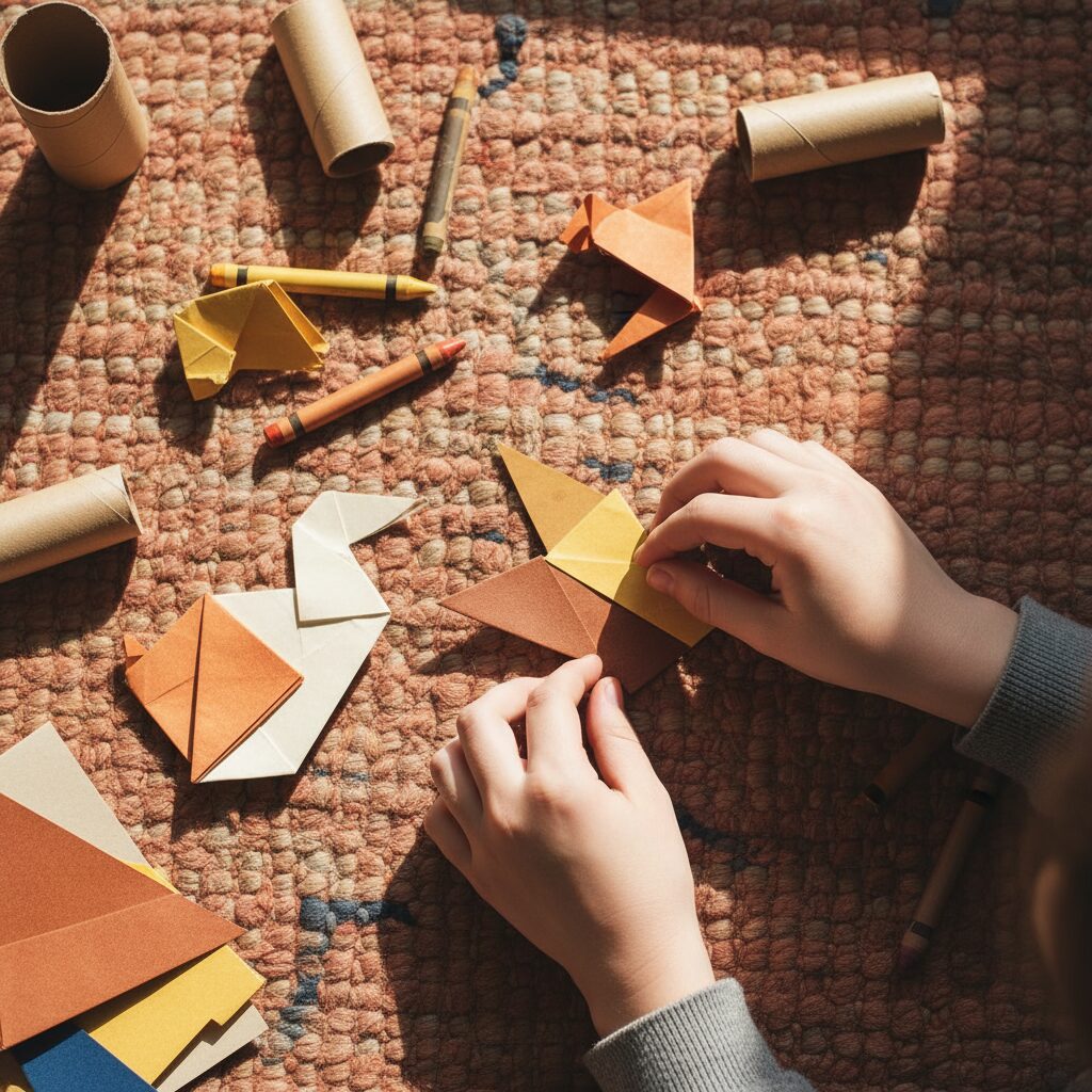 Seorang anak membuat bintang dari kertas origami di atas meja kayu