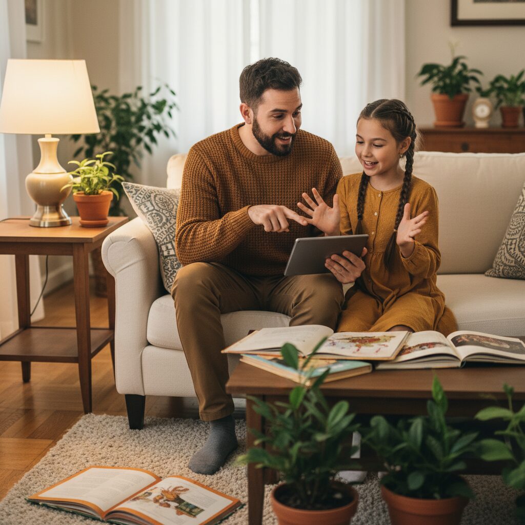 Ayah dan anak perempuan membuat gambar kupu-kupu digital di tablet dengan ekspresi gembira