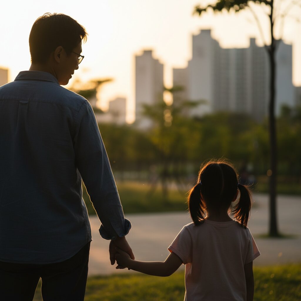 Ayah dan anak perempuan berjalan sambil menggenggam tangan dengan latar taman berseri