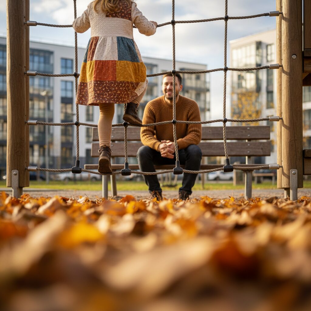 Keluarga bermain tebak warna lampu lalu lintas di taman kota