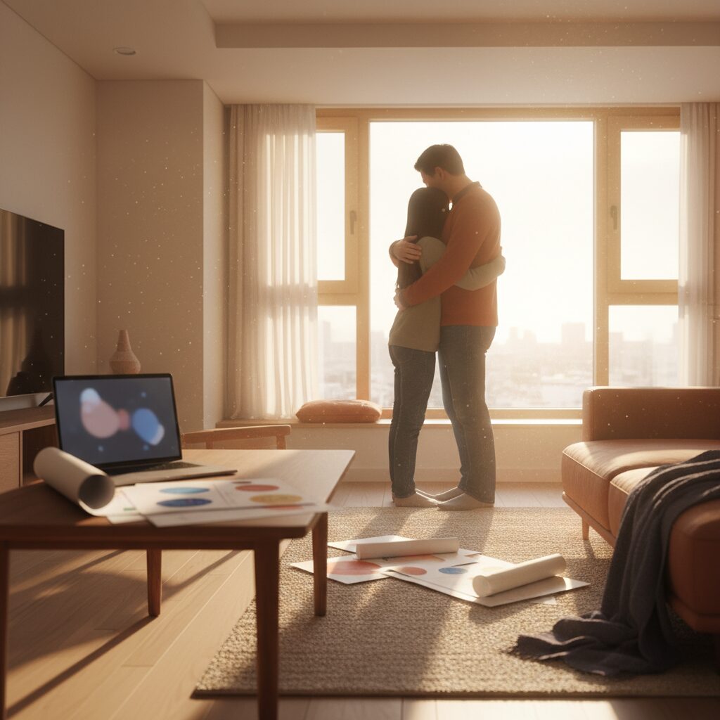 Ibu dan anak berdiskusi sambil melihat layar tablet di ruang keluarga