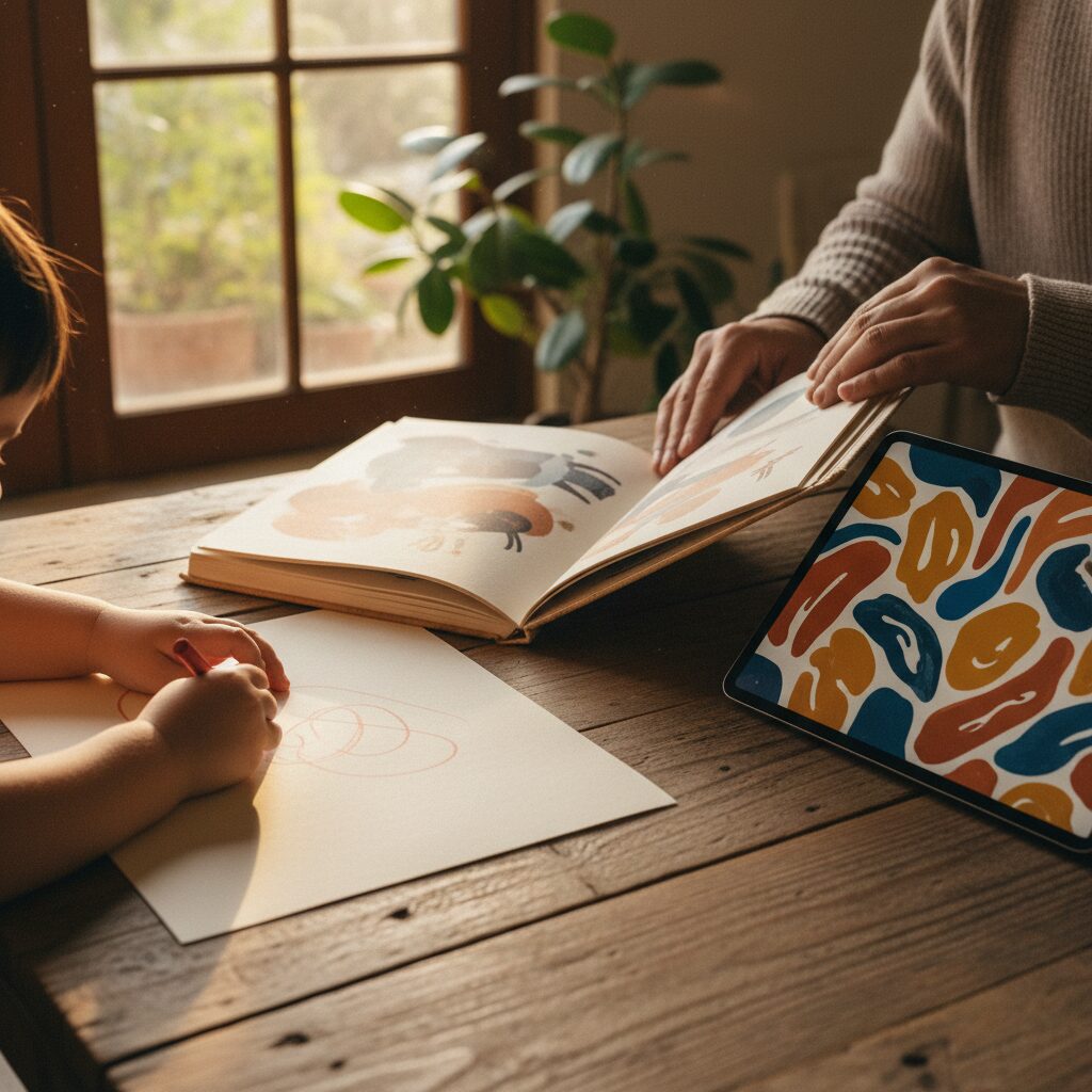 Anak perempuan tersenyum saat merangkai puzzle kata di atas karpet warna-warni