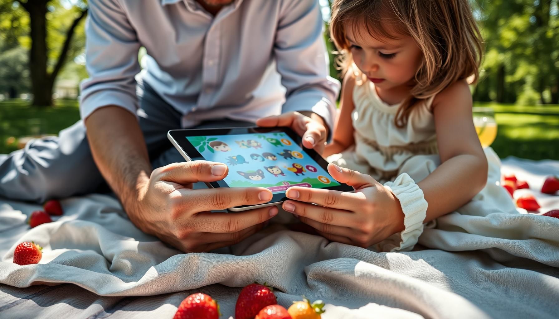 Criança usando óculos inteligentes com pais observando divertidos