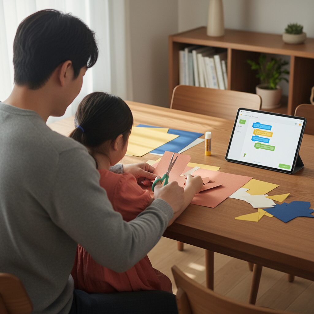 Família utilizando aparelhos tecnológicos juntos na sala