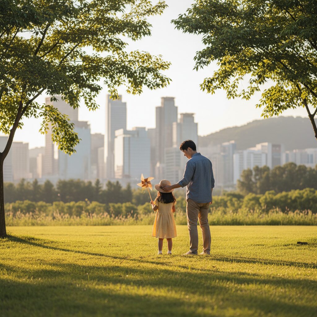 Pai e filha plantando muda enquanto conversam sorridentes
