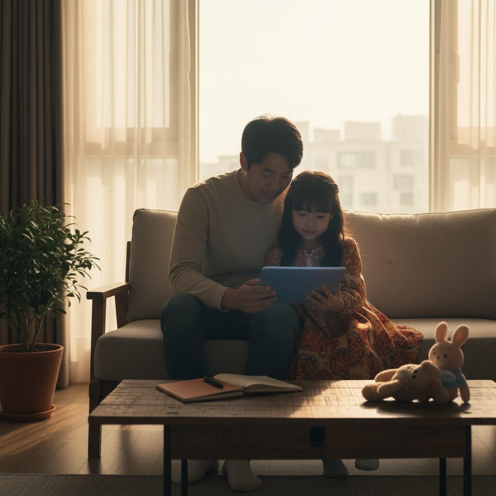 Pai e filha analisando gráfico em tablet enquanto discutem dados