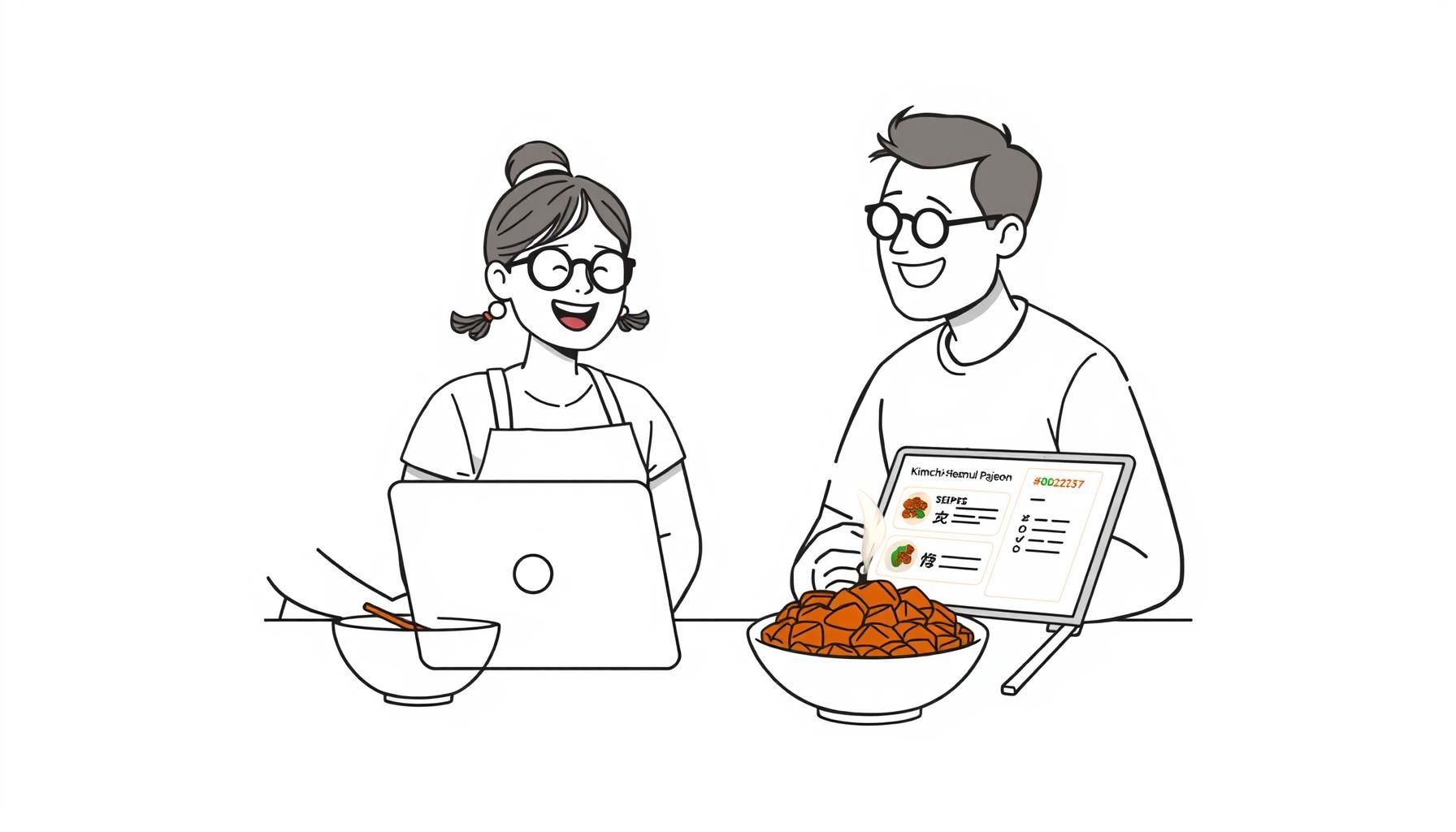 Keluarga memasak kimchi-haemul pajeon