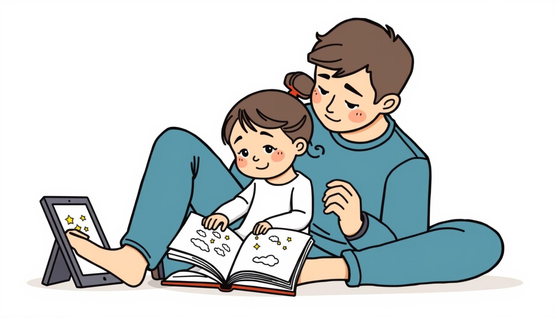 Pai e filha desenhando à luz do luar